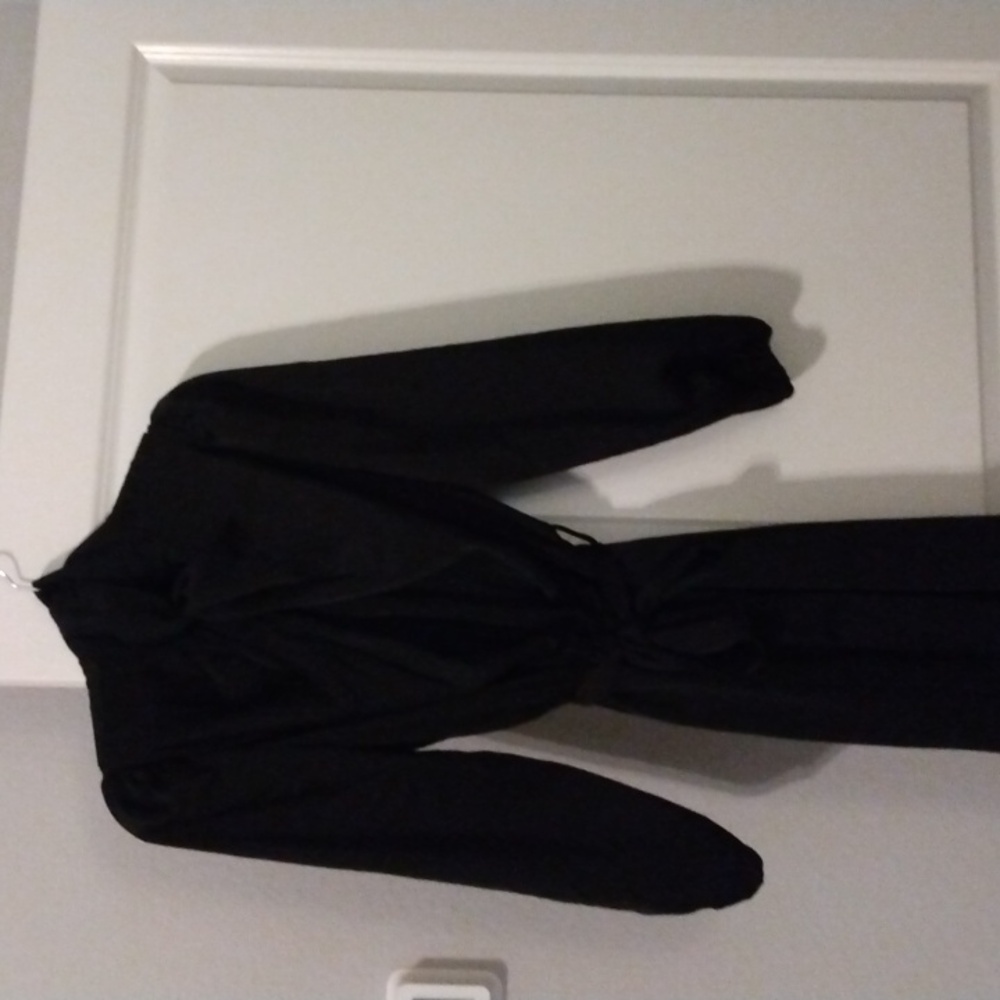 Anna Kaci size M flowy black maxi dress long sleeves, sash, puff sleeve, collar